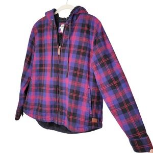 LL Bean Sherpa Hoodie Women's Size M Fuzzy Zip Up Pink Blue Plaid Flannel Comfy